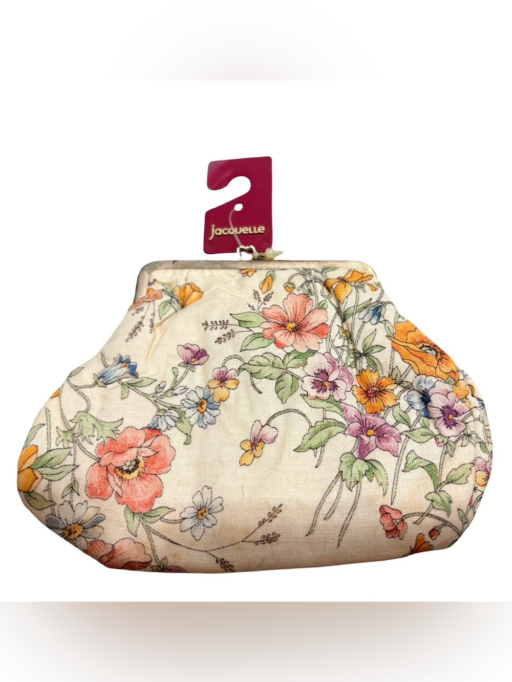 Vintage Jacquelle Floral Kiss Lock Coin Purse Made in Canada Cream